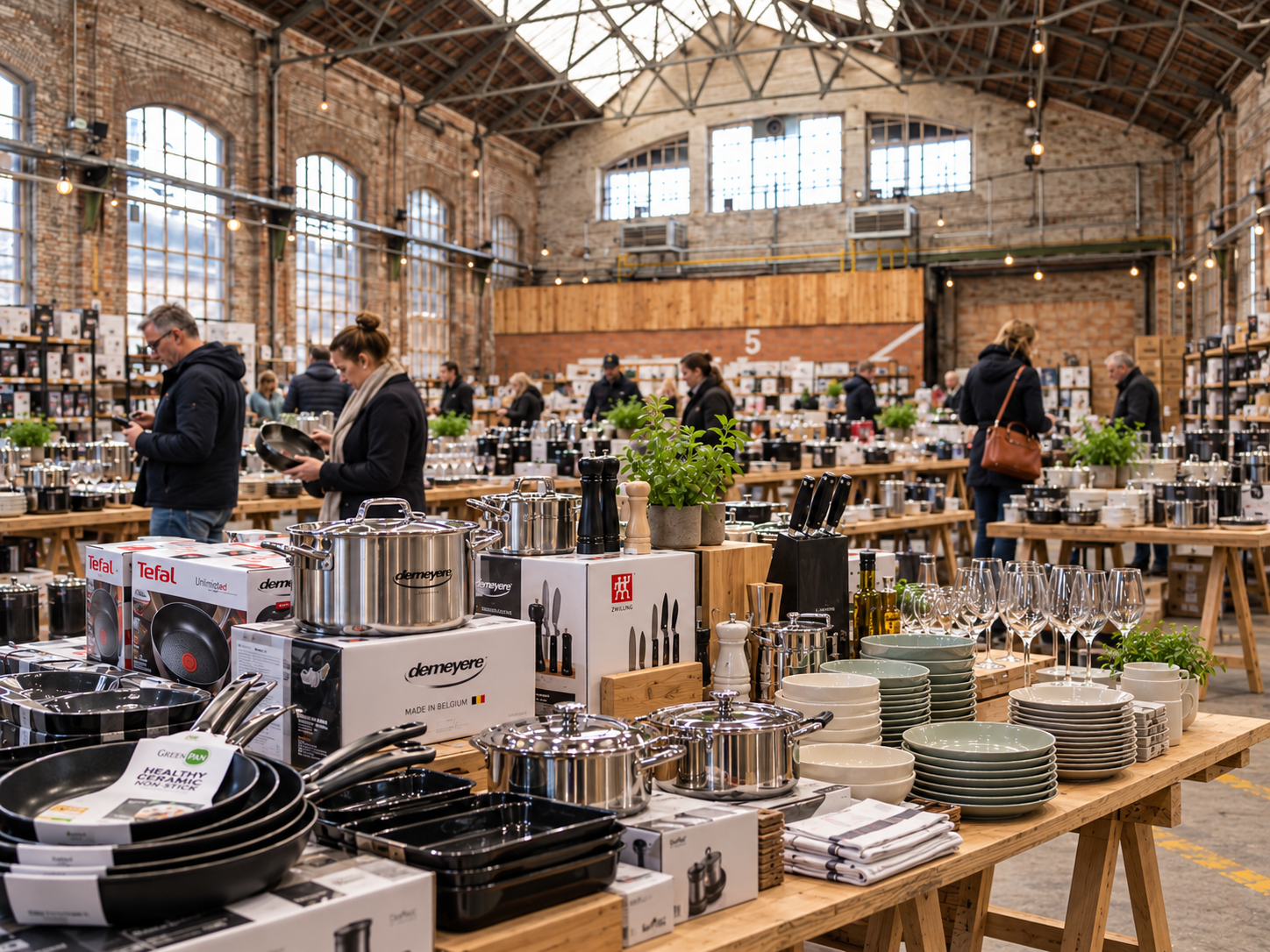 Stockverkoop met pannen, potten en servies op tafels in een industriële hal